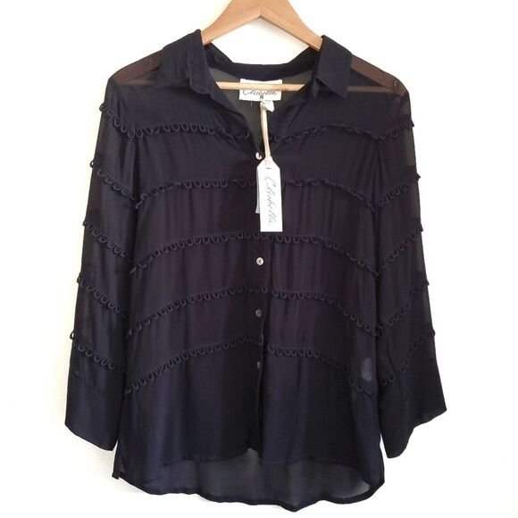 Revolve Cleobella Autumn Sheer Blouse Black Eyelet Tiered Semi Sheer Sm. NWT - Picture 1 of 11